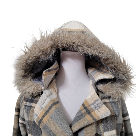 Rue 21 Size S Gray Tan Cream Plaid Polyester Wool Blend Double Breasted Jacket - Picture 4 of 14